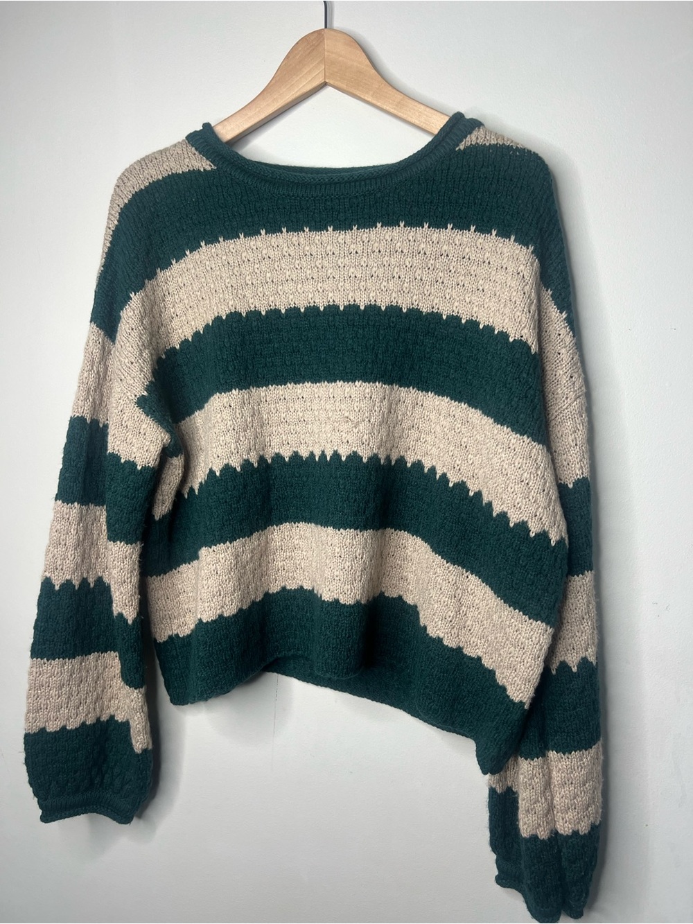 Striped Crewneck Sweater in Green and Cream- Size small- Fall Sweater